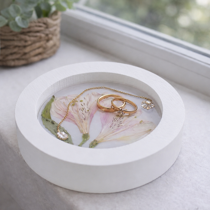 Ringschale aus Eichenholz mit Epoxidharz und Blüten
