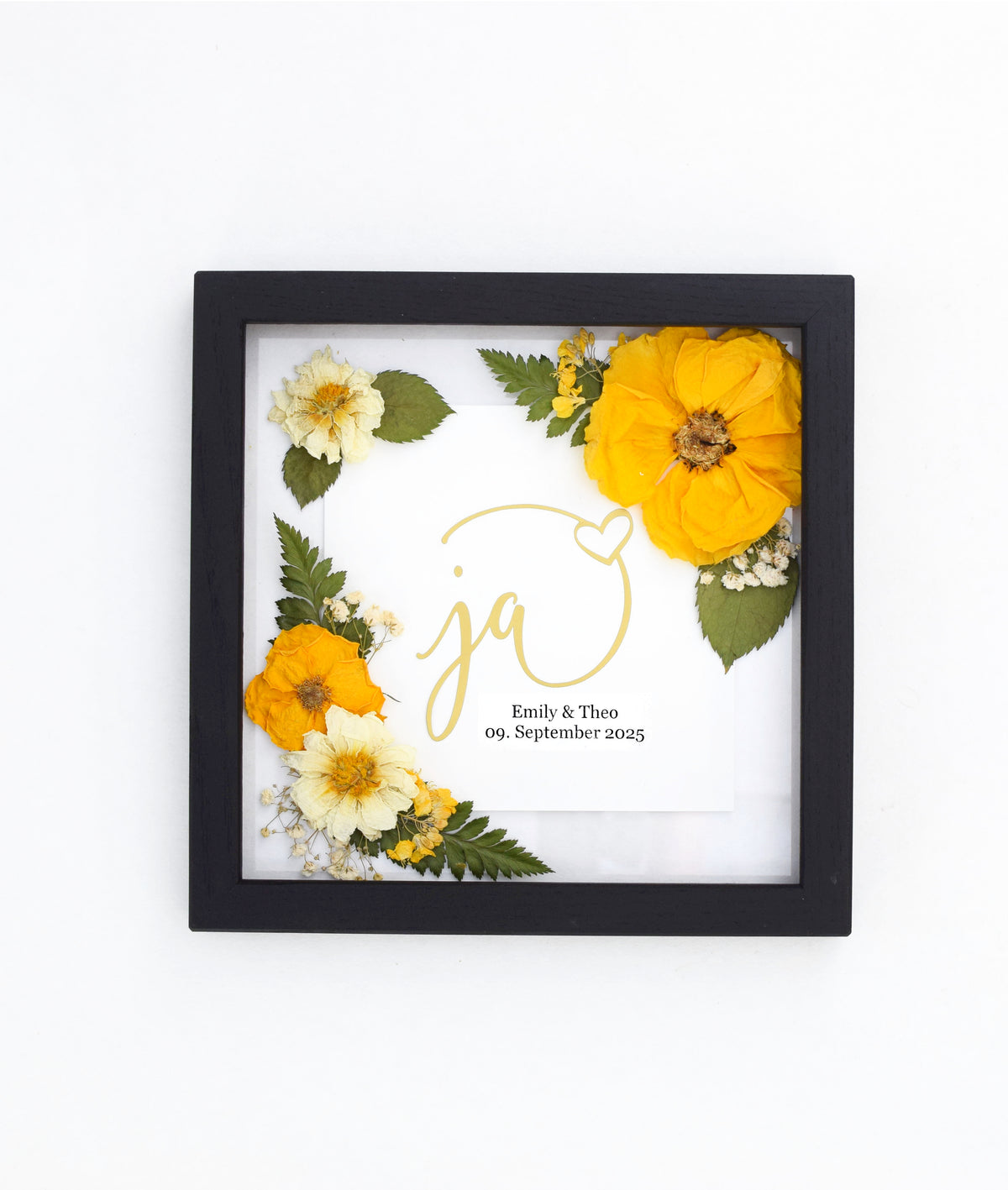 Brautstraußkonservierung 21x21 Blumenrahmen mit Hochzeitseinladungskarte