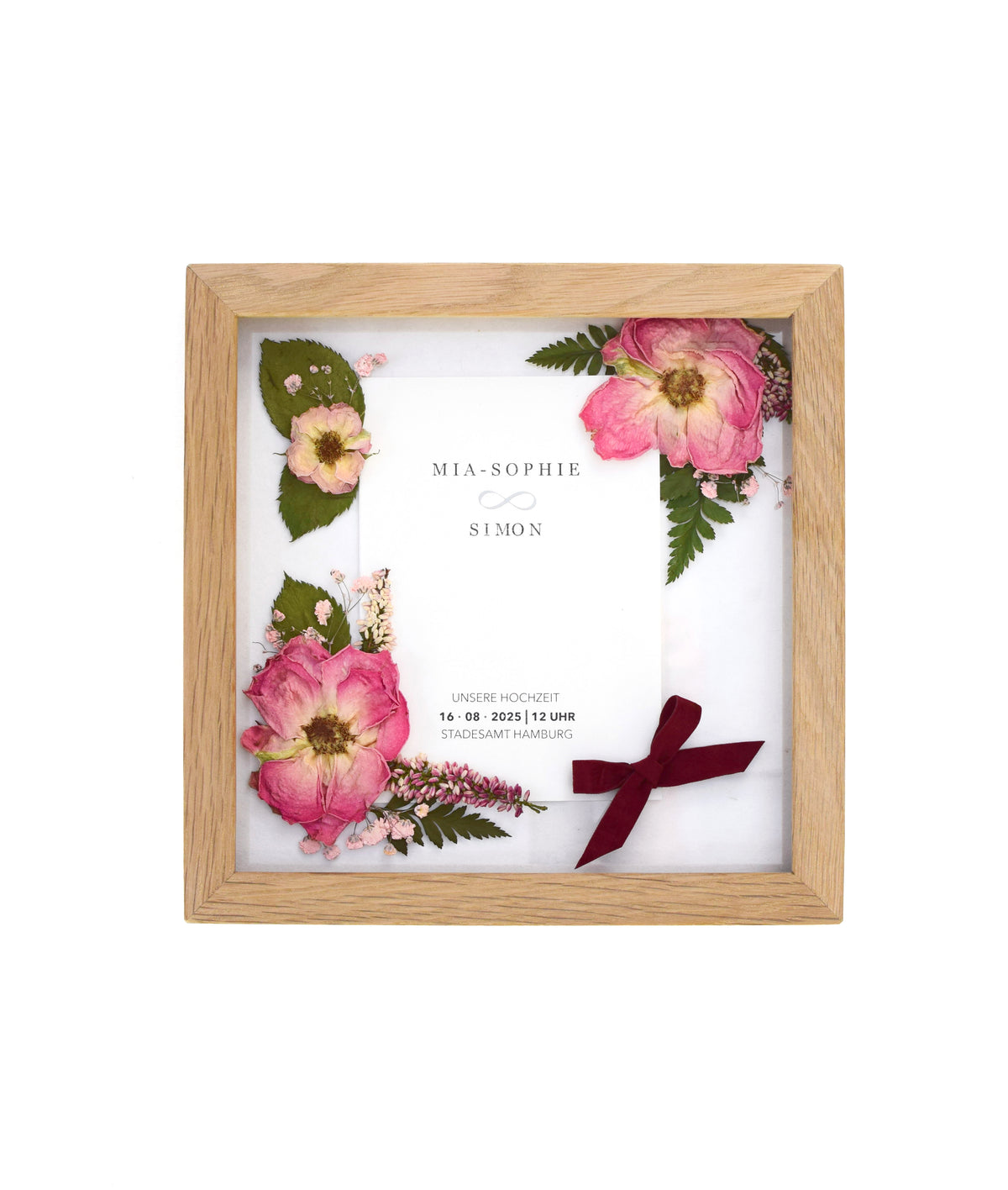 Brautstraußkonservierung 21x21 Blumenrahmen mit Hochzeitseinladungskarte